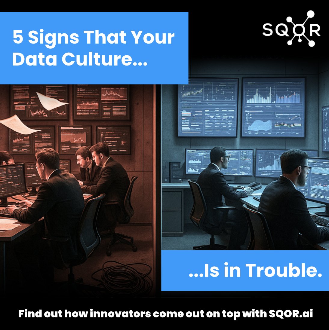 SQOR_AI's tweet image. Here are 5 signs your data culture is in trouble:
1️⃣ Pilots w/out progress 2️⃣ Dashboard obsession 3️⃣ Sabotaged data 4️⃣ Control > results 5️⃣ Fear as caution.
Innovators move differently! They test, embed AI, prove value fast. Which red flag do you see most often? #SQOR…