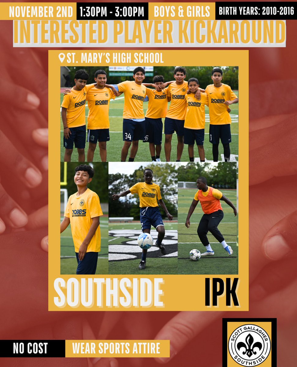 TRY-OUT FOR SOUTHSIDE SOCCER!

SUN, 11/2
1:30 PM-3 PM

St. Mary’s High School, 4701 S Grand Blvd, St. Louis, MO 63111

BOYS &amp; GIRLS
BIRTH YEARS:  2010-2016
NO COST

SIGN UP: “bit.ly/INTERESTED-IN-…”