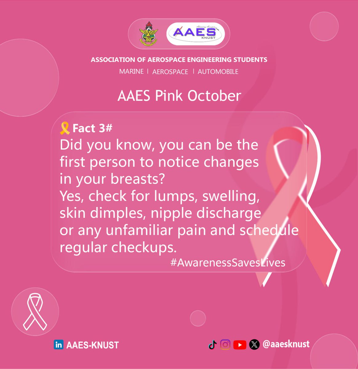 AAES Pink October — Fact 3

Did you know you can be the first to notice changes in your breasts? ...

Early detection starts with you. 💗
Stay aware. Stay protected.

#AAESPinkOctober #AwarenessSavesLives #AAESKnust #PinkOctober #LearnSupportShare

©️AAES Publicity 25/26
