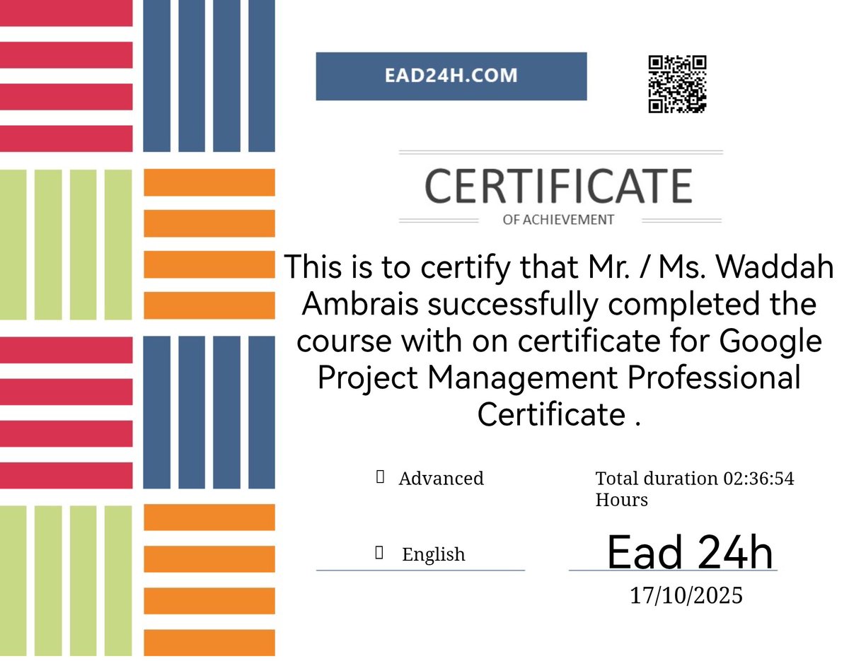 AdenOasis's tweet photo. Proud to complete a Google course of a Project Management Professional
#projects
#operation_management
#telecom
#5G https://t.co/NUe4B8NhhJ