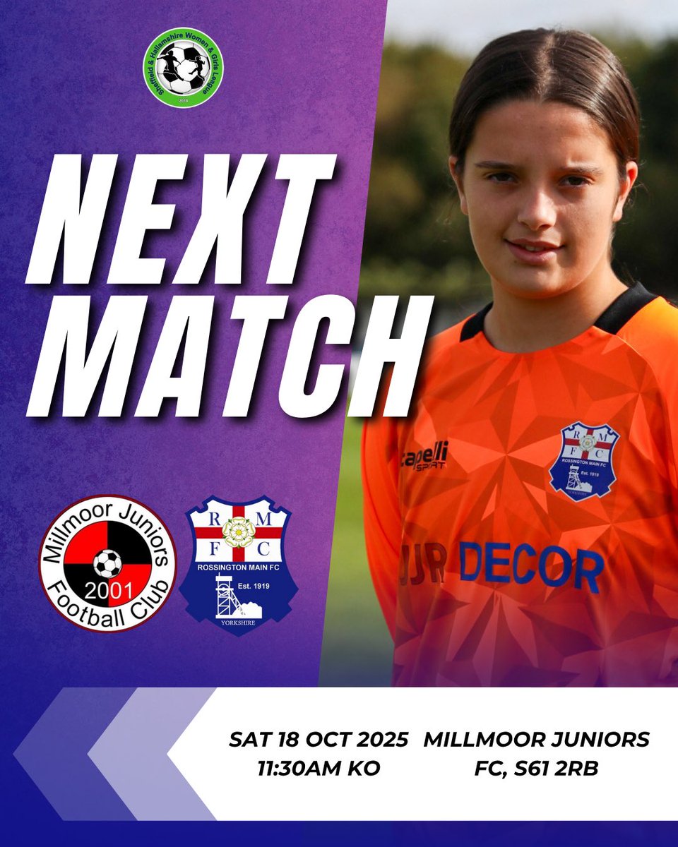 𝗡𝗘𝗫𝗧 𝗠𝗔𝗧𝗖𝗛 | 𝗨𝟭𝟴 ⚽️

🆚 <a href="/MLFC_Official/">Millmoor Ladies FC</a> U18
🗓️ 17/10/25
📍 The Grange, Droppingwell Road, Kimberworth, Rotherham, S61 2RB
⌚️ 11:30am KO
🏆 SHWGL U18 Division 1

#RMLFC #UpTheRosso #U18s #WomensFootball #GrassrootsFootball