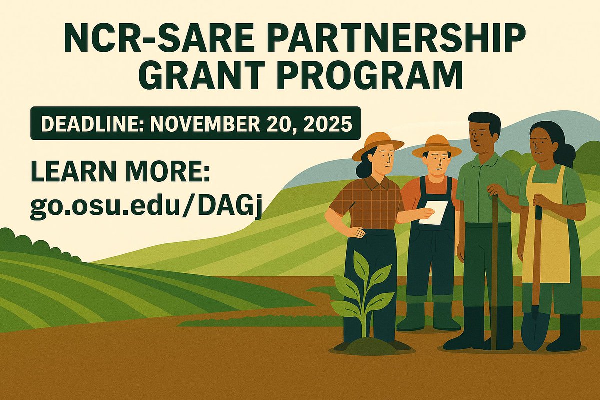 🌱The NCR-SARE Partnership Grant Program is now accepting apps! This program supports collabs between ag professionals and small groups of farmers/ranchers to spark on-farm research, demonstrations, and education focused on sustainable ag.
Due: 11/20/25
🔗 go.osu.edu/DAGj