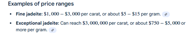 Gold is at an all time high, but we're not sending the most popular gemstone/mineral in Chinese culture  $玉 Jade?

They are about $1000-$3000 per carat

This is china's version of the gold