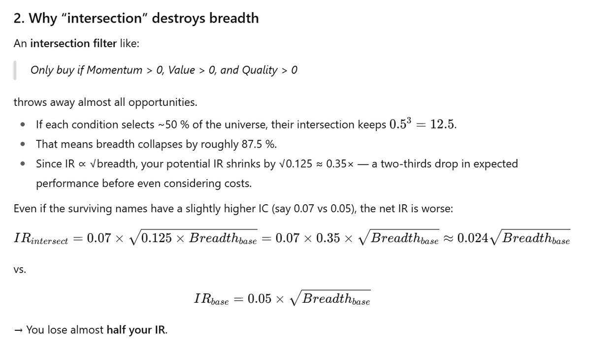 andre_antunes's tweet photo. Would you say this makes sense?

“Because IR scales with independent idiosyncratic bets. Combining opposites like momentum and mean reversion — an extreme case for argument’s sake — kills breadth: few names qualify, and those that do have weak signals on both sides. Better to run them separately.”