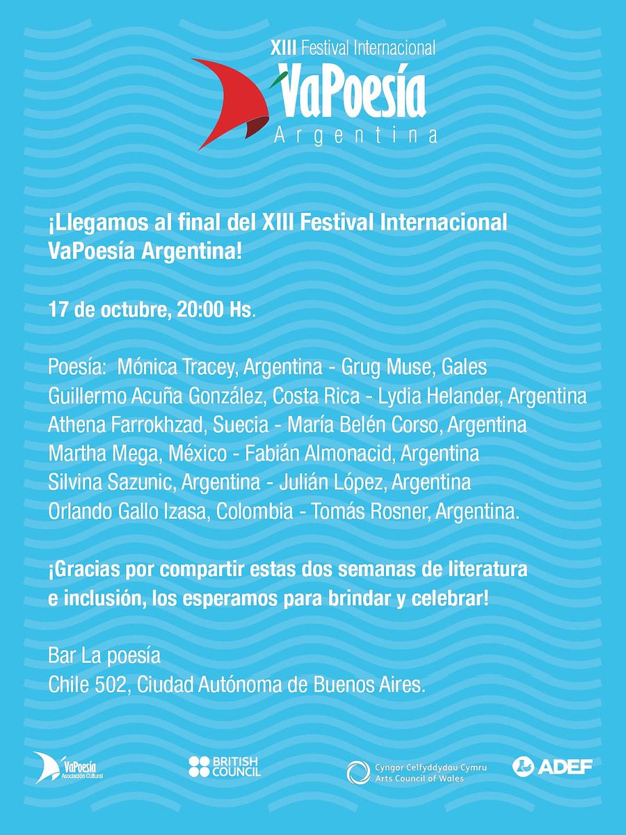 🎉 ¡Hoy cerramos #VaPoesía2025! 🎉

📍 Bar La Poesía (Chile 502, San Telmo)
🕓 19 h

Vení a brindar, compartir y cerrar este viaje con nosotrxs ❤️

#Poesía #Inclusión #Encuentro