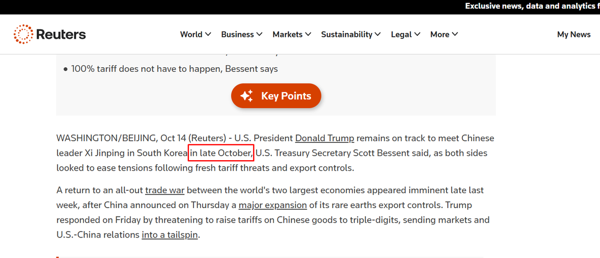 noticed quite easy bet: "Yes" that Trump will meet Xi Jinping by Oct 31.

imho, that's free money. here are some my takes:
> Scott Bessent (U.S. Treasury Secretary) said Trump remains on track to meet Xi Jinping in South Korea in late Oct.
> recently, South Korean officials