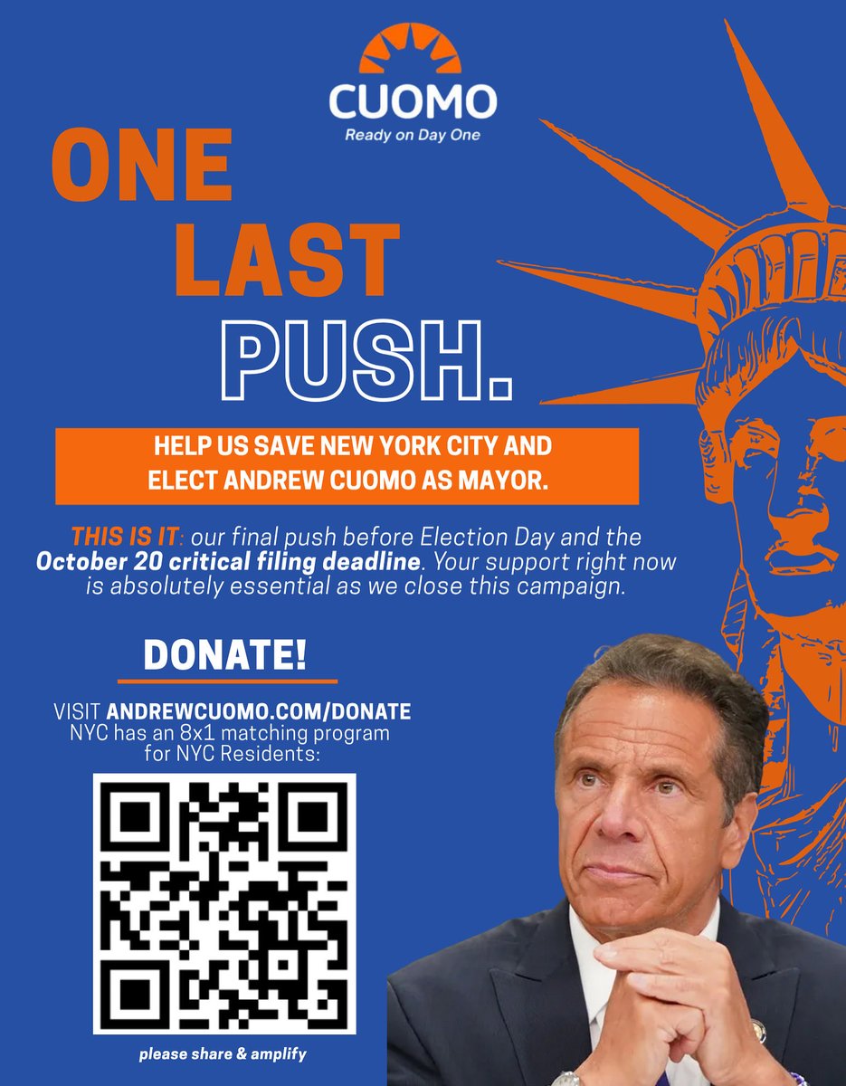 andrewcuomo's tweet image. We’re in the final push to save NYC and your support is absolutely crucial as we close out this campaign.
Every contribution before this Monday, October 20th helps us show real strength ahead of this critical financial filing deadline.
Visit AndrewCuomo.com/Donate.