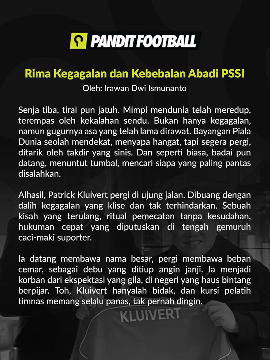 panditfootball's tweet image. Erick Thohir harus berhenti menjadikan PSSI sebagai laboratorium eksperimen pendongkrak citra di mata publik. 

Secantik apa pun bersolek, jika sepakbola tidak dibenahi betul, maka hanya akan menghasilkan tepuk tangan semu. 

Ingat, sepakbola tidak berhenti di 2029.