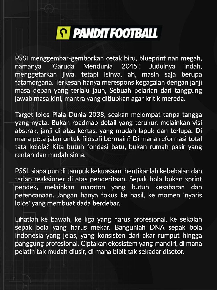 panditfootball's tweet image. Erick Thohir harus berhenti menjadikan PSSI sebagai laboratorium eksperimen pendongkrak citra di mata publik. 

Secantik apa pun bersolek, jika sepakbola tidak dibenahi betul, maka hanya akan menghasilkan tepuk tangan semu. 

Ingat, sepakbola tidak berhenti di 2029.