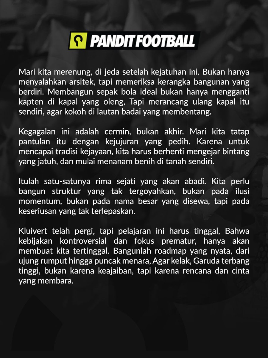 panditfootball's tweet image. Erick Thohir harus berhenti menjadikan PSSI sebagai laboratorium eksperimen pendongkrak citra di mata publik. 

Secantik apa pun bersolek, jika sepakbola tidak dibenahi betul, maka hanya akan menghasilkan tepuk tangan semu. 

Ingat, sepakbola tidak berhenti di 2029.