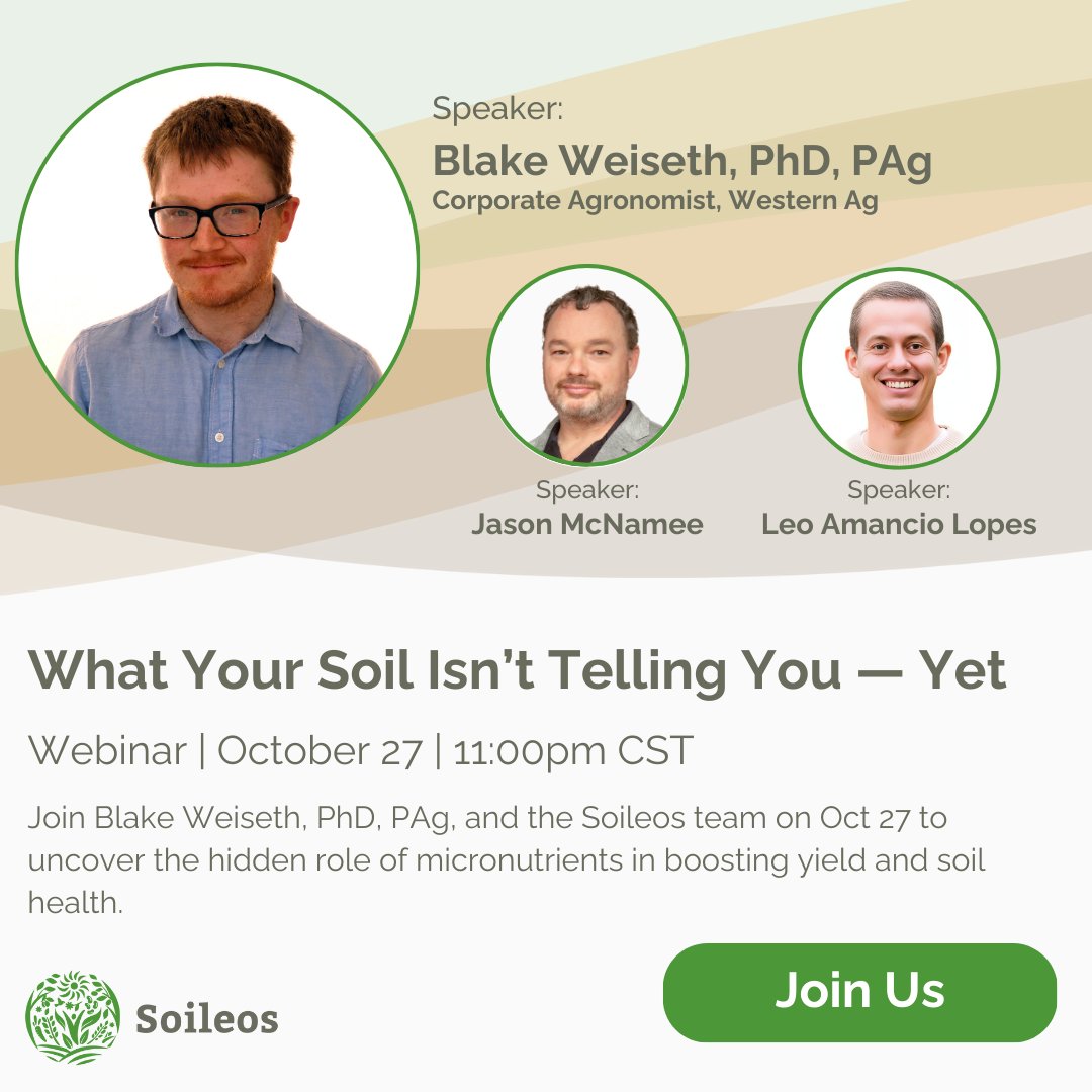 soileos's tweet photo. Most soil tests stop at NPK. Lets talk Zn, Fe, B &amp; Cu - the hidden drivers of balance, roots, and yield.
Webinar | with @blake_weiseth, PhD, PAg
Oct 27 - 11:00 AM CST
Save your seat: https://t.co/fl0rOKY0vL
#soilsmart #soilhealth #cropnutrition #skag #soileos #cdnag https://t.co/oazree5mmq