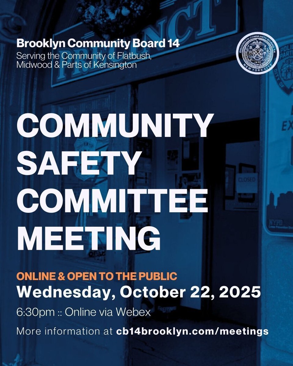 cb14brooklyn's tweet image. 👋 The Community Safety Committee meeting is on 10/22 at 6:30pm online. Meet the 70th Precinct’s new Commanding Officer &amp;amp; learn about the Sheriff’s Office’s rules &amp;amp; responsibilities. Open to the public!  More info + registration: cb14brooklyn.com/meetings
#communityboard #brooklyn