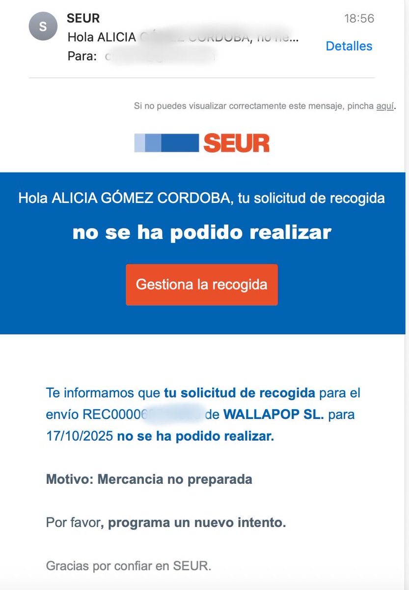 ALICIACUENTAYT's tweet photo. @SEUR_responde esto no tiene nombre, despues de 4 días esperando, reclamaciones, llamadas. Hoy me aseguraron por Facebook que venían y acabo de recibir este e.mail https://t.co/NSLTxHq6BD