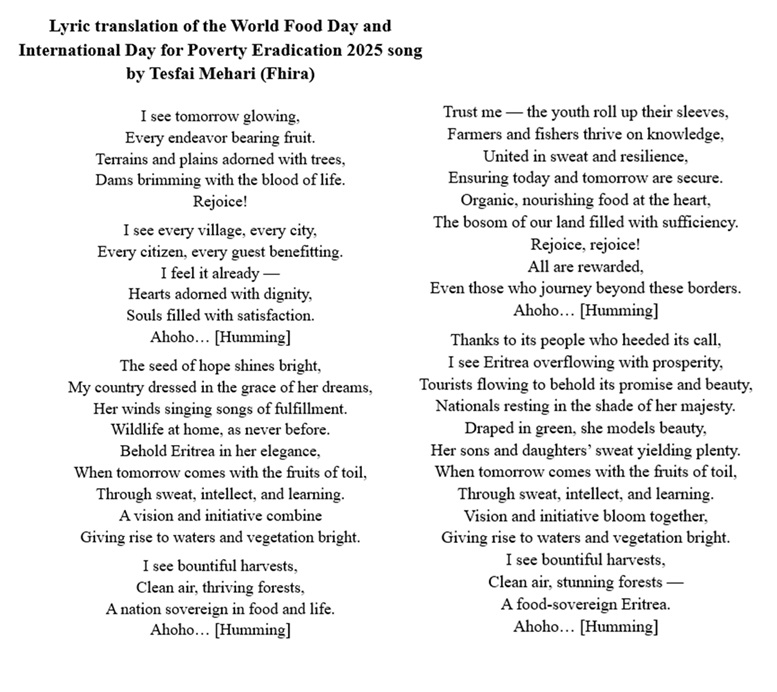 🌾🎶ተራእዩኒ ጽባሓ ደሚቑ...
On #WorldFoodDay2025 &amp; #FAO80, Tesfai Mehari (Fhira)'s Tigrinya song "Teraeyuni/ተራእዩኒ" celebrated #Eritrea’s vision toward food self-sufficiency, environmental stewardship &amp; a better life: Powered by hard work, innovation &amp; community spirit.✨