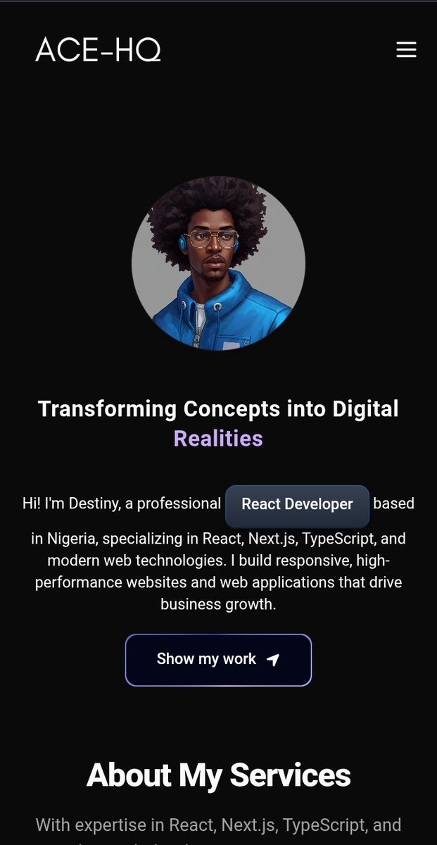 codewithdestiny's tweet image. 🚀 Just launched my new portfolio → acehq.vercel.app
Built with Next.js, React &amp; Tailwind CSS 💻
I’m a web developer &amp; designer from Nigeria 🇳🇬 focused on building high-performance, responsive websites.
#NextJS #React #WebDeveloper #NigeriaTech