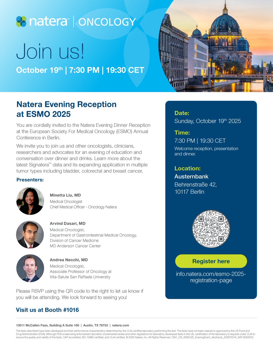 NateraGenetics's tweet photo. Natera’s technology will be featured across multiple presentations at #ESMO2025. See the full schedule below and stop by booth #1016 to learn more. #Natera #MRD #Signatera
@myesmo https://t.co/nwnkWACPDH