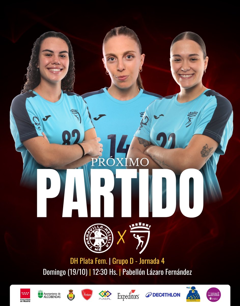 𝐏𝐑𝐎́𝐗𝐈𝐌𝐎 𝐏𝐀𝐑𝐓𝐈𝐃𝐎!

🗓️ Grupo D #DHPlataFem | Jornada 4
⏰ Domingo 19/10, 12:30 Hs. 
🆚 BM T- Maravilla

Viajamos a Melilla con la ilusión de volver al triunfo ⚡️

#BMAlcobendas #SomosAlcobendas