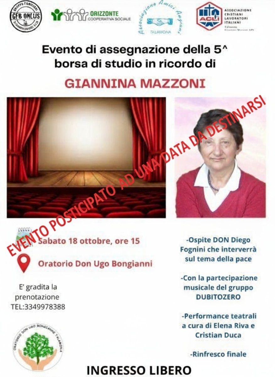 LGMD2E's tweet photo. Informiamo che la cerimonia della consegna delle borse di studio dedicata a Giannina Mazzoni, inizialmente prevista per domani, è rinviata a data da destinarsi.
Seguiranno aggiornamenti, vi ringraziamo per la vostra pazienza e comprensione. https://t.co/1ajwffwNqW