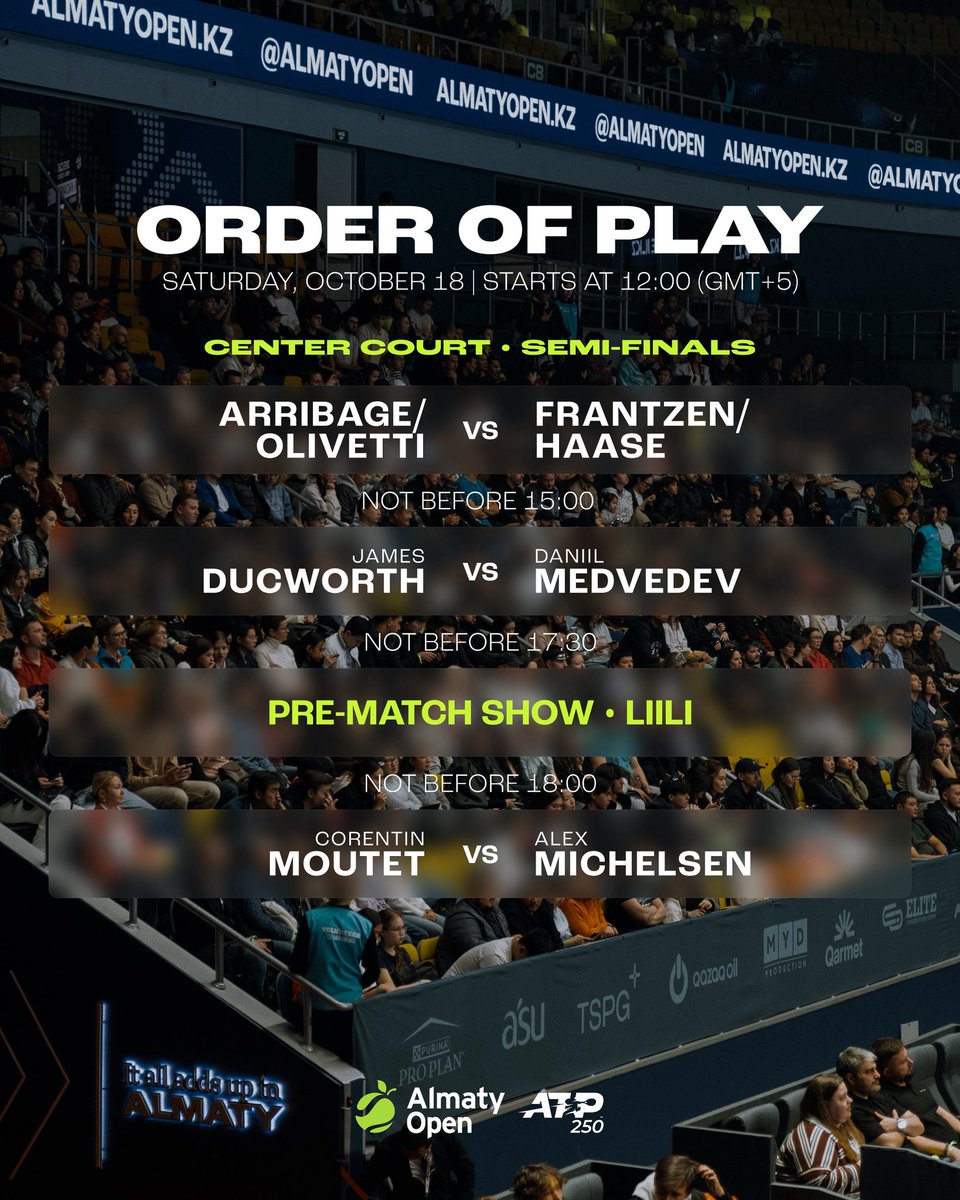 AlmatyOpen_KZ's tweet photo. Day 8️⃣ • 18 October • SEMIFINALS

📹 Live on: https://t.co/V1rsBrF14T, https://t.co/adNNYRvccD, Qazsport and Sport+. https://t.co/9MTpFzn3X2