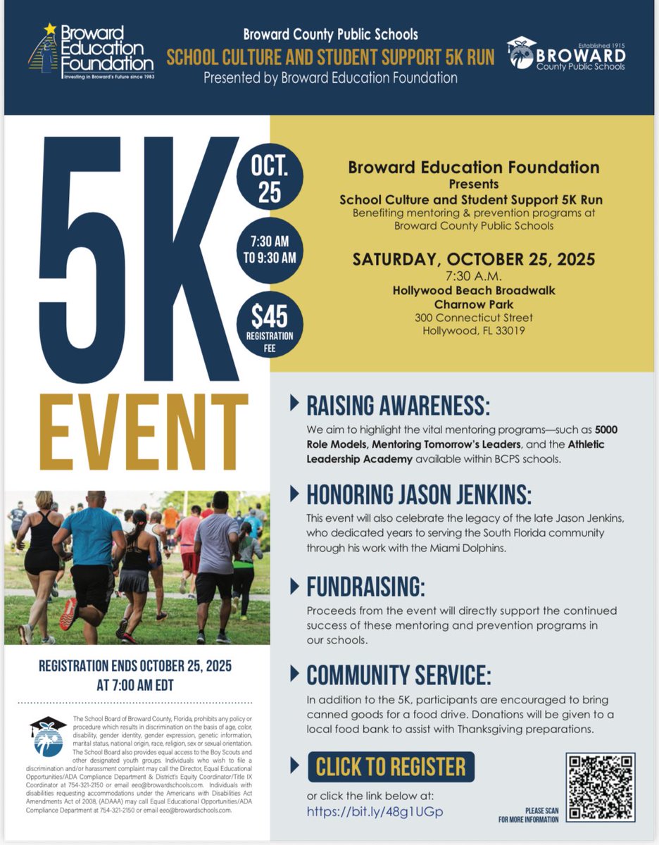 BCPS School Climate &amp; Student Support 5K Run presented by Broward Education Foundation. Register to support mentoring and prevention programs runsignup.com/Race/FL/Hollyw… <a href="/browardschools/">Broward County Public Schools</a> <a href="/UnitedWayBC/">United Way Broward</a> <a href="/CSCBroward/">CSC Broward</a> #leadingthechange