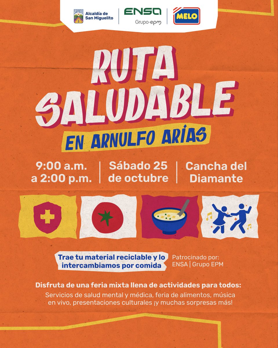 ¡Atención vecinos! llegó la RUTA SALUDABLE a Arnulfo Arías. 🙌🏾✨

Este sábado 25 de octubre, de 9:00 a.m. a 2:00 p.m., acompáñanos en la cancha del Diamante y disfruta de una feria llena de bienestar, diversión y conciencia ambiental. 

♻️ Trae tu material reciclable y cámbialo