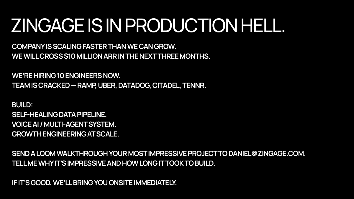 ZINGAGE IS IN PRODUCTION HELL. 

WE ARE HIRING 10 ENGINEERS NOW.