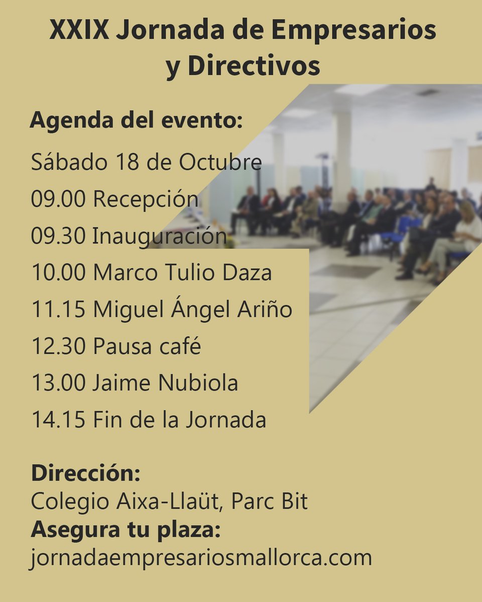 📷Mañana nos vemos en la XXIX Jornada de Empresarios y Directivos en Mallorca. ¡Será un día inolvidable! 📷 Todavía estás a tiempo de unirte: jornadaempresariosmallorca.com
