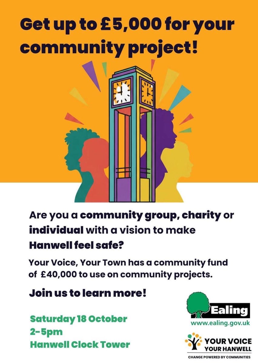 We will be attending this event tomorrow!

🎉 Come and get involved in an exciting celebration of our community. There'll be live music, fun activities for all ages, and talks from community leaders!

💚 We'll also hear from residents about community project ideas for Hanwell.