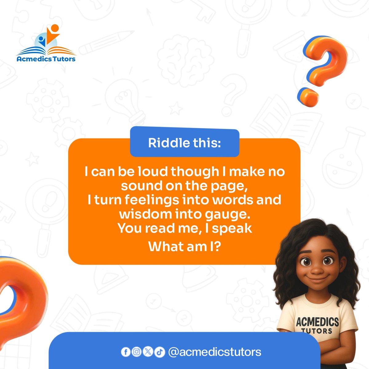 AcmedicsHomes's tweet image. Ready for a word challenge? It’s Riddle Time with Zara! 🧠

What has a loud voice but no sound? Solve the riddle on the image and comment your answer (P.S. It’s something every scholar needs!).

#Acmedics #RiddleChallenge #LogicPuzzle #Zara