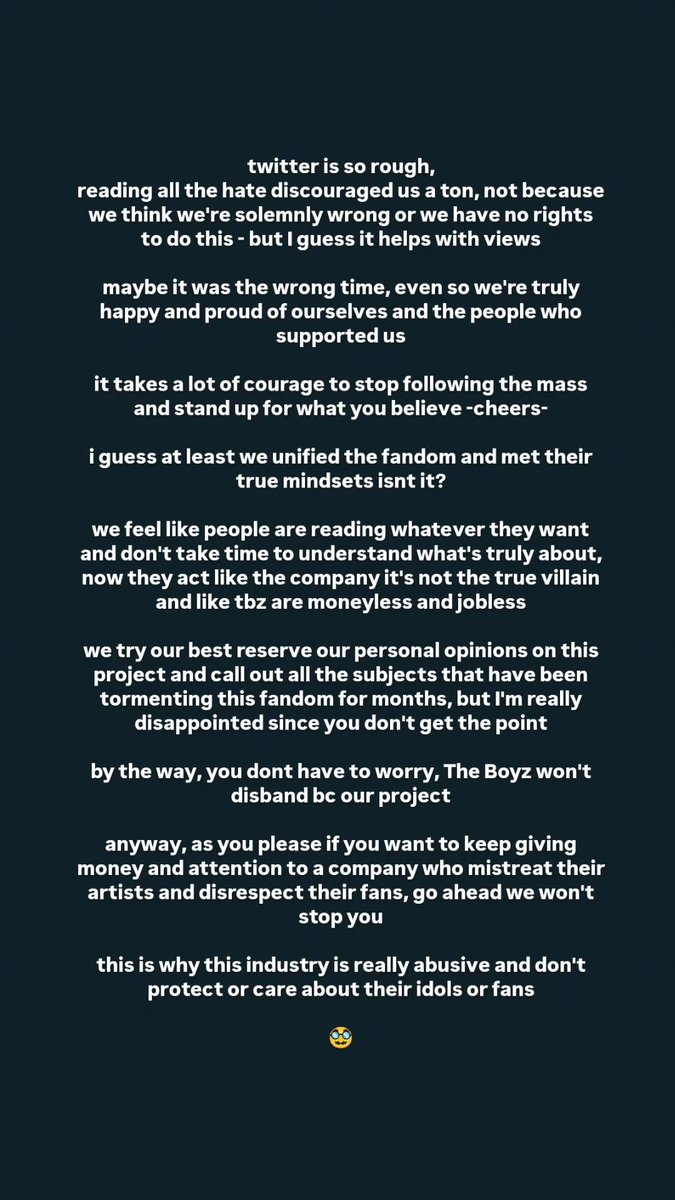 theboyzzip's tweet photo. guys u dont have to worry, tbz wont disband because of this for gods sake 

also we decided we wont work on the supportive projects we had planned, but we are so proud that we had the guts to speak up and do something

good night 🥸💌🍊📢 
#OneHundredBeFair #TreatTheBoyzBetter https://t.co/enM1oDnits