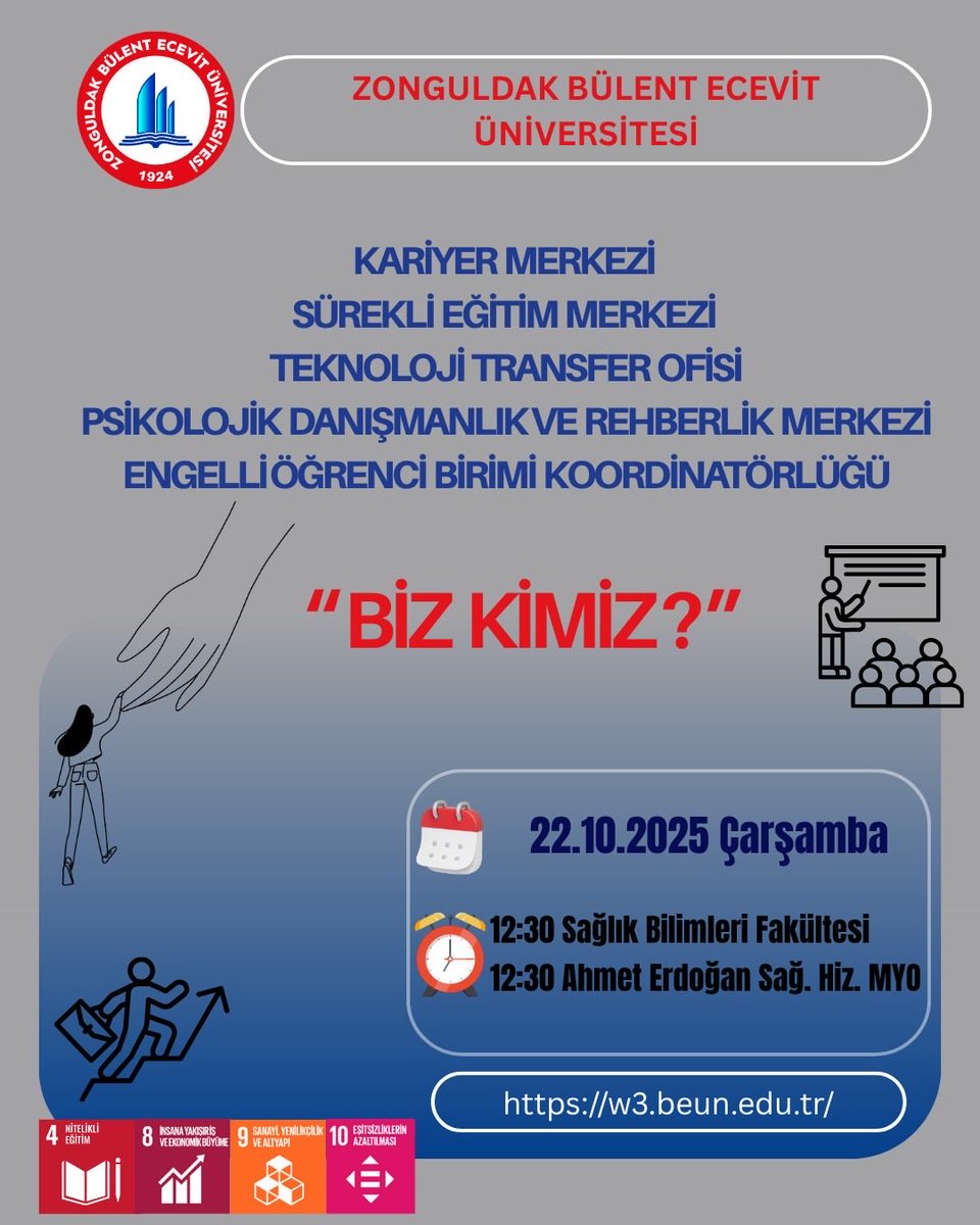 22 Ekim 2025  saat 12:30-13:30 arasında Konferans Salonumuzda Kariyer Merkezi, Sürekli Eğitim Merkezi, Teknoloji Transfer Ofisi, Psikolojik Danışmanlık ve Rehberlik Merkezi tanıtım etkinliği yapılacaktır.

<a href="/ihozolcer/">Prof. Dr. İsmail Hakkı ÖZÖLÇER 🇹🇷</a> 
<a href="/beunedutr/">Zonguldak Bülent Ecevit Üniversitesi</a> 
<a href="/sibelkocak/">sibel kocak</a> 

#beun 
#İlkİlİlkÜniversite