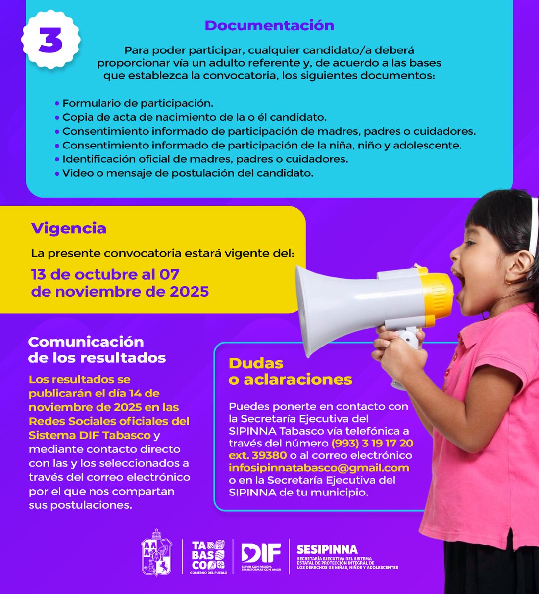 ¿Tienes entre 10 y 15 años? Forma parte del Consejo Consultivo de Niñas, Niños y Adolescentes del #SIPINNATabasco
📹 Graba un video contándonos quién eres y qué problema quieres resolver. 📩 Mándalo: infospinnatabasco@gmail.com 🗓️ hasta el 7 de noviembre
🔗drive.google.com/drive/folders/…