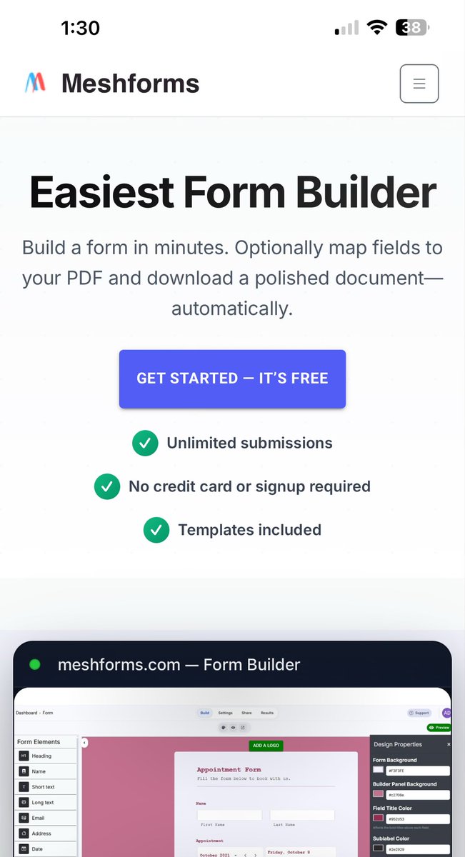 dsho12's tweet image. Unlimited submissions for free and no signup required. Use the easiest form builder ever at meshforms.com
DM for any questions. #business #forms #SaaS #startup