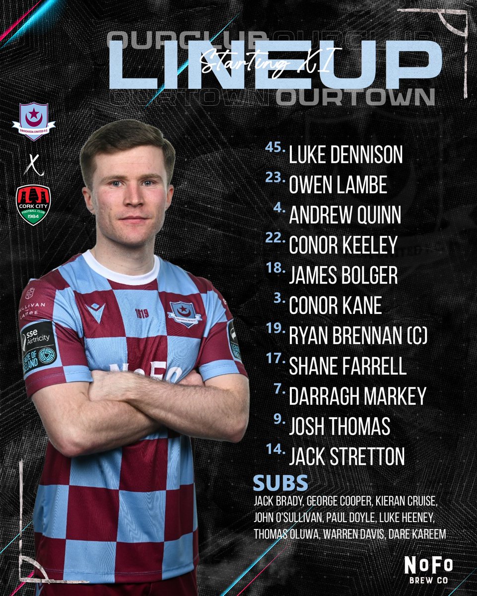 League | Drogheda United Starting XI vs Cork City

Jack Stretton &amp; Josh Thomas start.

🟣🔵 #WeAreDrogs | #OurTownOurClub