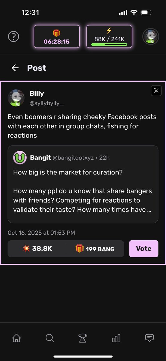 On twitter, this tweet got 2 likes

On bangit, this same tweet got 200 BANG

20% goes to the creator, so i got 40 BANG, which could be worth $10k someday

Gonna stake it to earn more in the meantime

Thanks bangit!