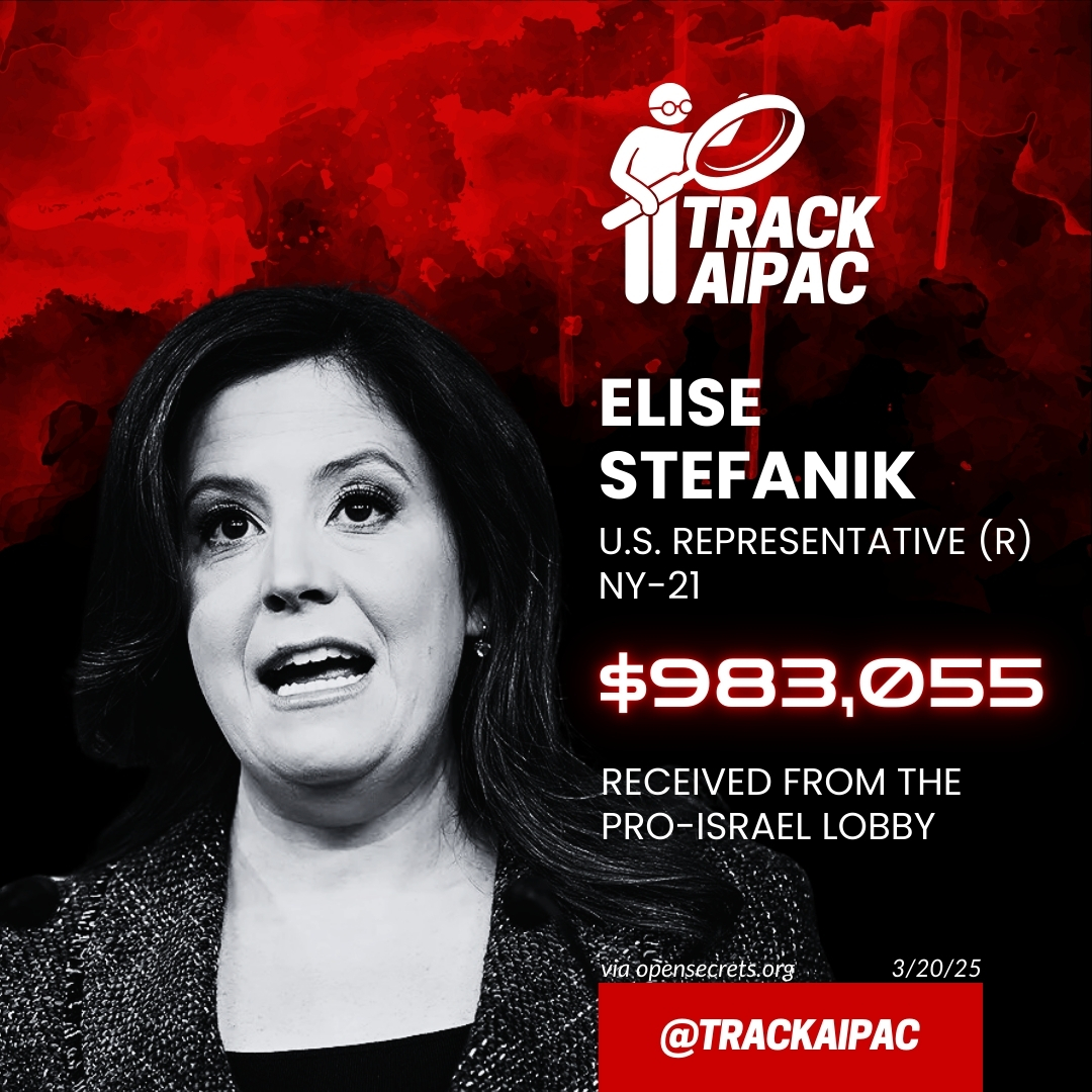 TrackAIPAC's tweet photo. @nypost Elise Stefanik speaks for the Israel lobby. https://t.co/RUWBdtd8Qf