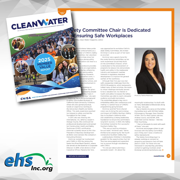 Help us congratulate Kaila Krichmar, CHST for her feature in this month's <a href="/cwea/">CWEA</a> Clean Water Magazine (Issue 4 2025).

You can read the full article here: ehsincblog.com/2025/10/kaila-…

#ehsInc #Water #Wastewater #CleanWaterMagazine