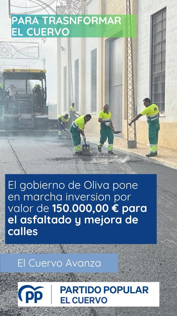 Es necesario el mantenimiento, reparación, reposición y mejora del viario y espacios de uso público, de carácter peatonal o al servicio de tráfico rodado. Por eso pondremos en carga 150.000,00€ para mejorar nuestras calles.
#transformandoelcuervo