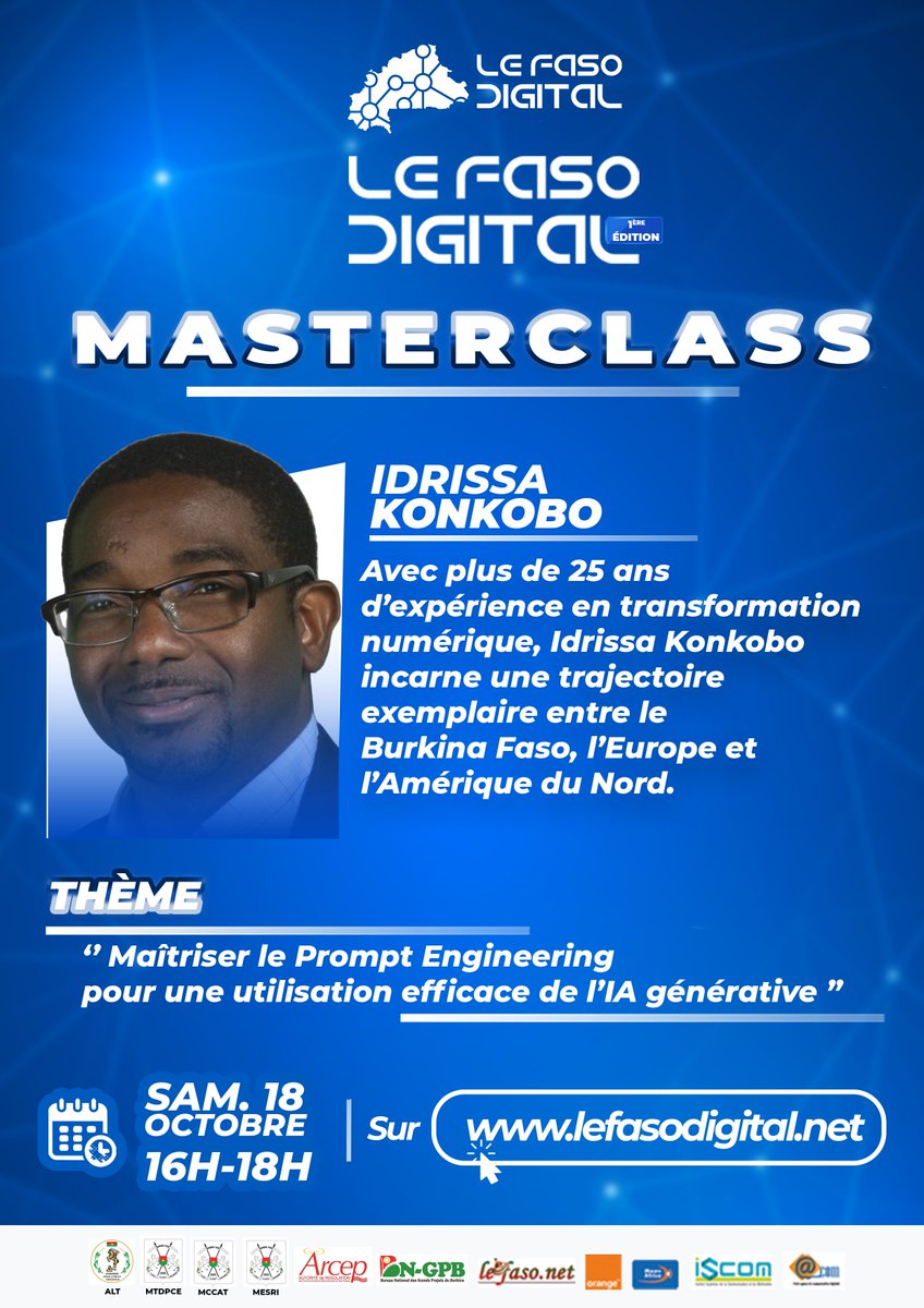 Suivez en direct une Masterclass ce samedi 18 octobre de 16h à 18h sur lefasodigital.net avec Idrissa Konkobo sur le thème : "Maîtriser le prompt Engineering pour une utilisation efficace de l’IA générative"