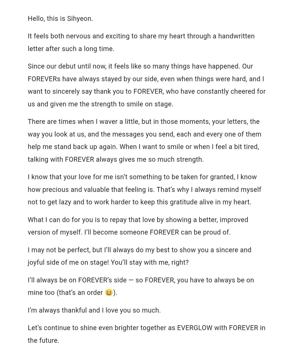 English translation of Sihyeon's handwritten letter 🥹🥹🩷
I'll always be by your side 😭😭

*May contain inaccuracies 

©photo tongmingyang1