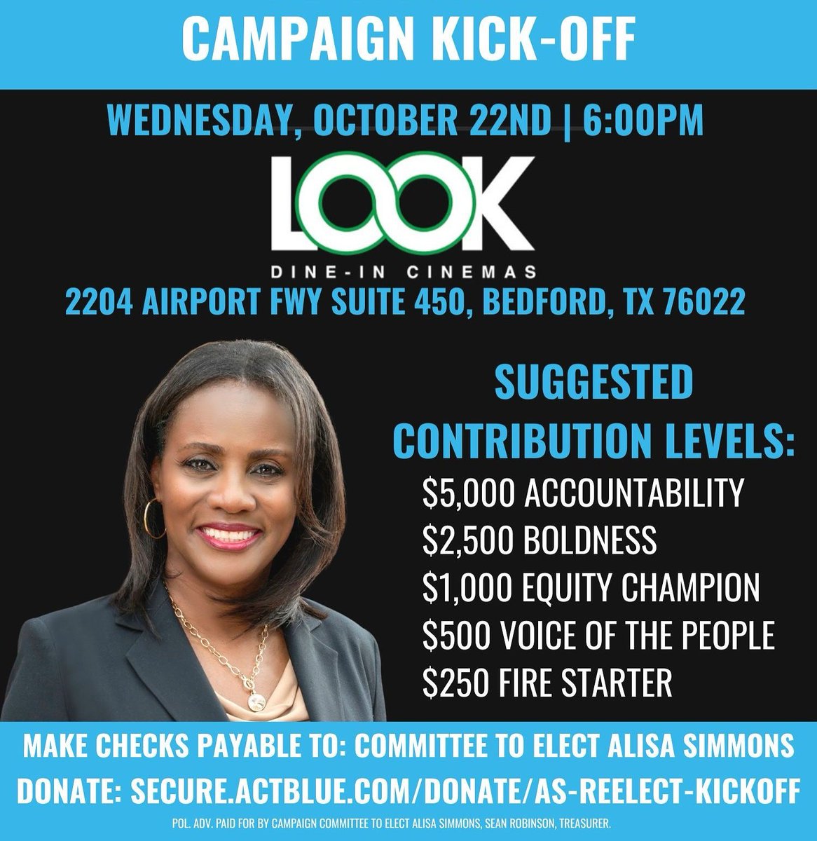 Alisa Simmons (@alisafortarrant) on Twitter photo I’m officially kicking off my campaign to continue serving you and the people of Tarrant County on Commissioners Court, and I’d love for you to join us for what will be an unforgettable evening.
Let’s keep pushing Tarrant County forward—together! 💪🏾💙
secure.actblue.com/donate/as-reel… I’m officially kicking off my campaign to continue serving you and the people of Tarrant County on Commissioners Court, and I’d love for you to join us for what will be an unforgettable evening.
Let’s keep pushing Tarrant County forward—together! 💪🏾💙
secure.actblue.com/donate/as-reel…