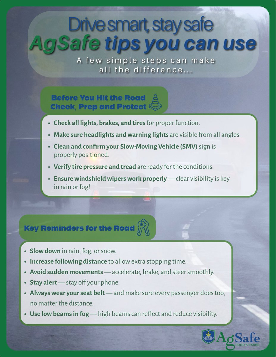 AgSafeOnline's tweet photo. 🚜Let’s keep our roads and fields safe —together! 
AgSafe is sharing tips to help you drive smart and stay safe, especially with changing weather on the way🌧️

👉Have a safe driving tip of your own? Drop it in the comments! #drivesafe #AgSafe #tips #CommunityFirst https://t.co/JJRZARnopN