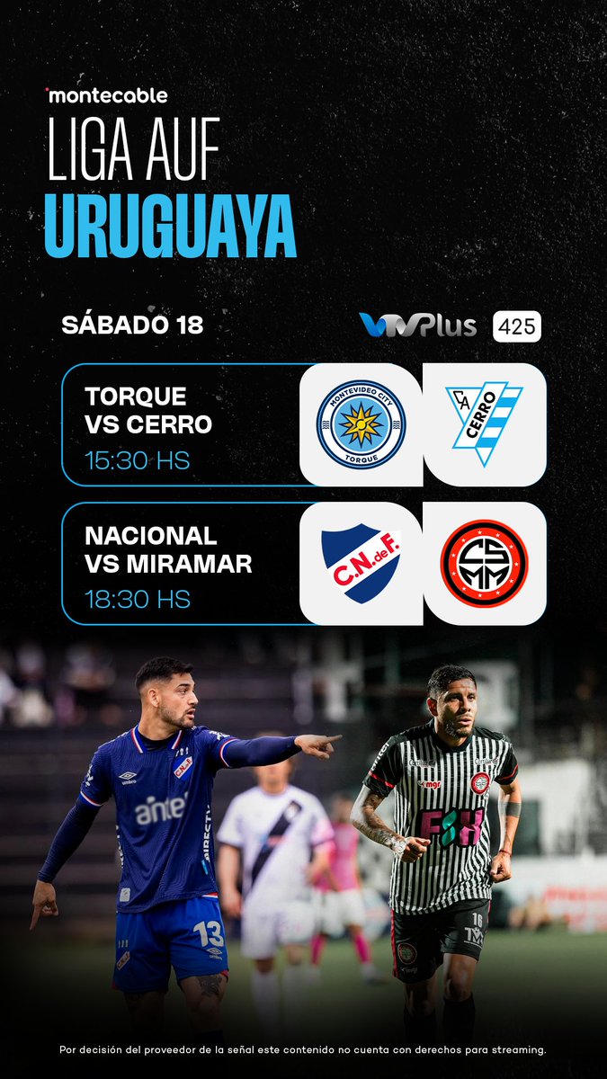 montecableuy's tweet image. ¡Sigue el Clausura! 😎

Torque y Cerro se enfrentan en el Viera y Nacional recibe a Miramar en el Parque Central.

Mirá los partidos por VTV Plus 425 ⚽️