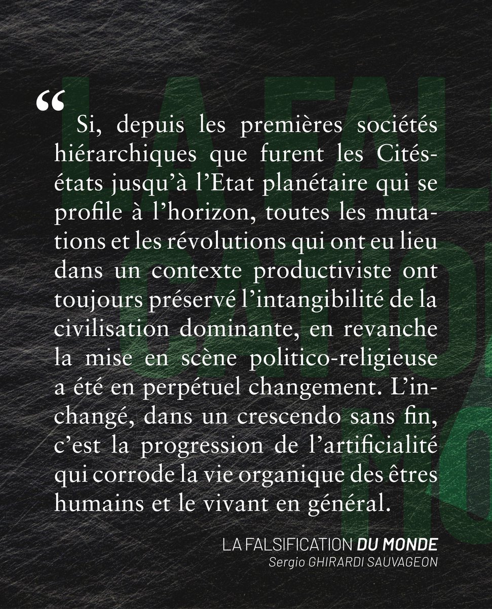 AmanuensisEd's tweet image. La Falsification du monde est un essai où Sergio Ghirardi Sauvageon démonte, héritier des penseurs critiques de Reich à Debord, décrit comment la société du spectacle a glissé vers une technocratie totalitaire.

amanuensis.fr/ouvrages/la-fa…