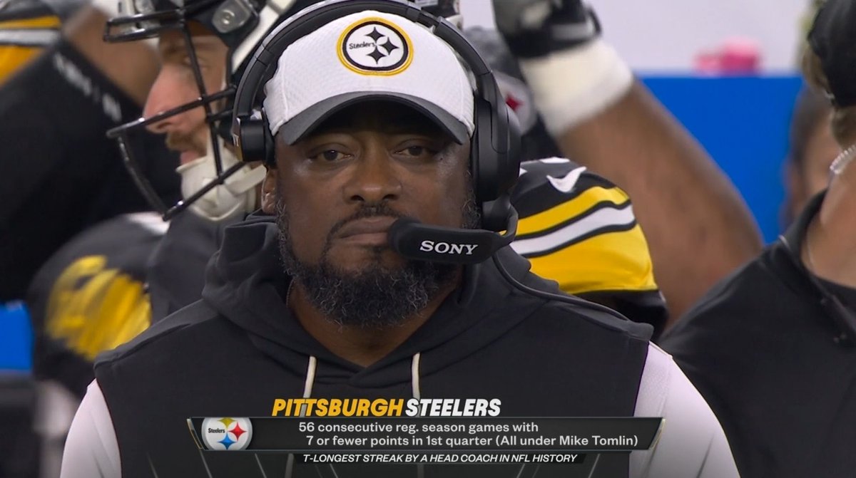 Incredible stat from Amazon broadcast. Steelers haven't scored more than 7 points in 56-straight games. Other tidbits.

 - Tomlin ties Mike McCoy for HC record
- Giants ended NFL's 2nd-longest streak (80 games) last week
- Week 8 opponent GB hasn't allowed 1st qtr point in 2025 