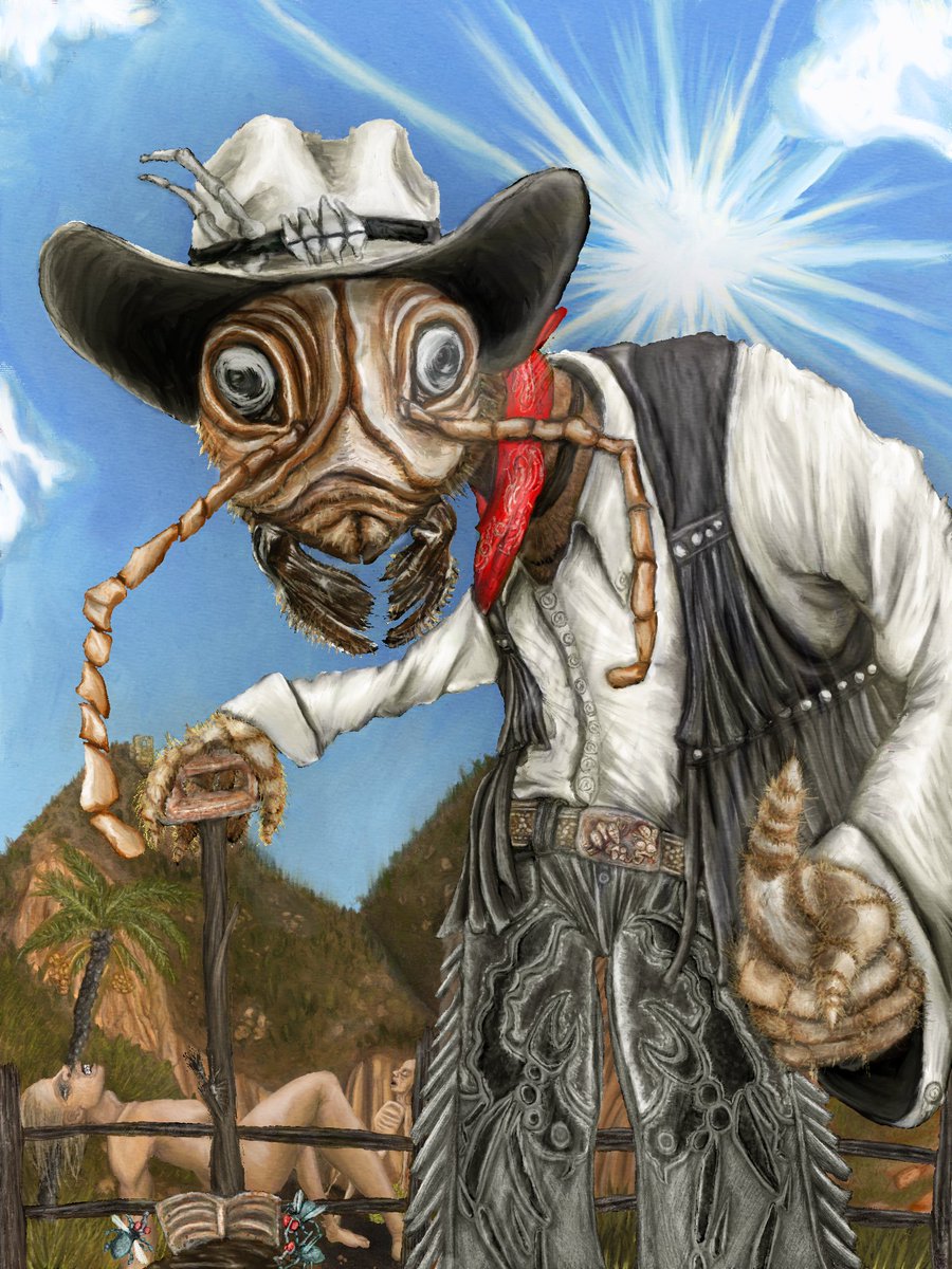 dibujé un oc el cual es una hormiga vaquera que tiene una granja humana, el paisaje está inspirado en la vega baja y el fallout new vegas