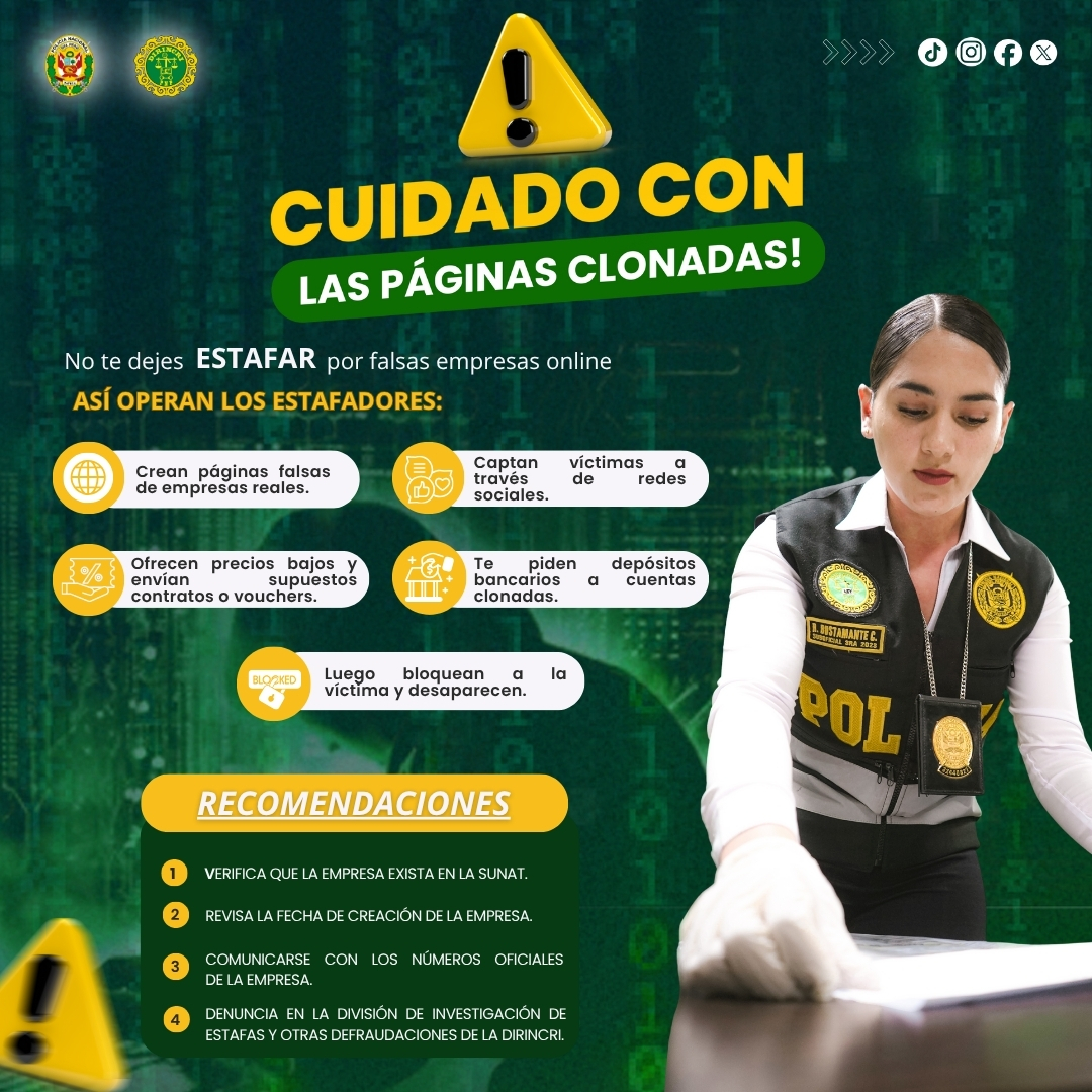 DirincriPNP's tweet image. 🚨#PoliDato | ⚠️ ¡No caigas en la trampa! 🚫
Las páginas clonadas imitan sitios oficiales para robar tus datos o tu dinero.
📍 Si eres víctima de estafa, denuncia en la División de Investigación de Estafas y Otras Defraudaciones de la #Dirincri en Av. España 323 - Lima.