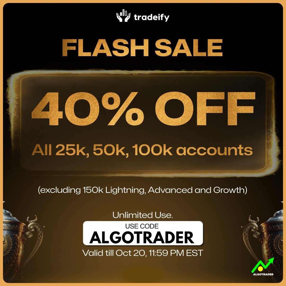 🚨Tradeify Flash Sale!

40% off all 25K, 50K, &amp; 100K accounts ⏰ Code ALGOTRADER is good for unlimited uses until October 20 🚀 This includes straight to funded accounts!

Use code ALGOTRADER 👇
tinyurl.com/TradeifyDiscou…

Available Platforms: NinjaTrader, ProjectX, TradingView,