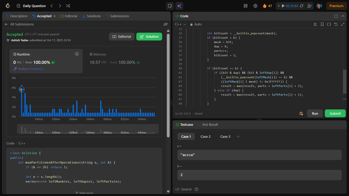 ASHISHK3712's tweet photo. Day 47/100 of Consistency 🔥
Swam through “ Maximize the Number of Partitions After Operations"📷 
#LeetCode #POTD streak goes on!        
100-day challenge looking more real every day 📷 🏁 https://t.co/FJa4hLwYTR