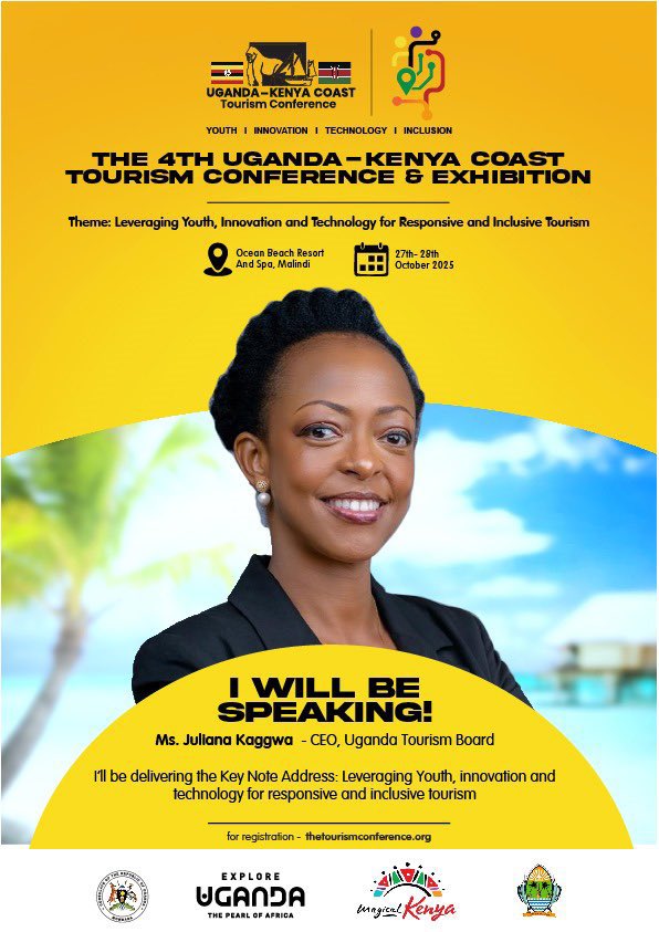You will be listening in from the best, Communications, MTWA <a href="/OlivielOfficial/">Olivia Nakalembe</a> and the CEO Uganda Tourism Board <a href="/JulzKagwa/">Juliana Kagwa</a>. Will be speaking  at the 4th Uganda–Kenya Coast Tourism Conference and Exhibition sharing insights on innovation &amp; tech-driven tourism.
#UGKECoastTourism2025